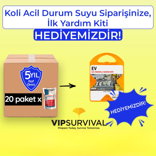 ACİL DURUM SUYU KOLİSİ (20 PAKET) + HEDİYE VIPSURVIVAL EV TİPİ İLK YARDIM KİTİ