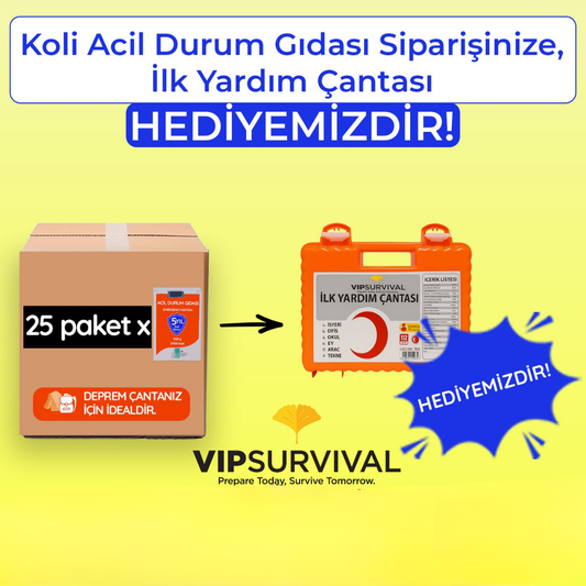 ACİL DURUM GIDASI KOLİSİ (25 PAKET) + HEDİYE İLK YARDIM ÇANTASI