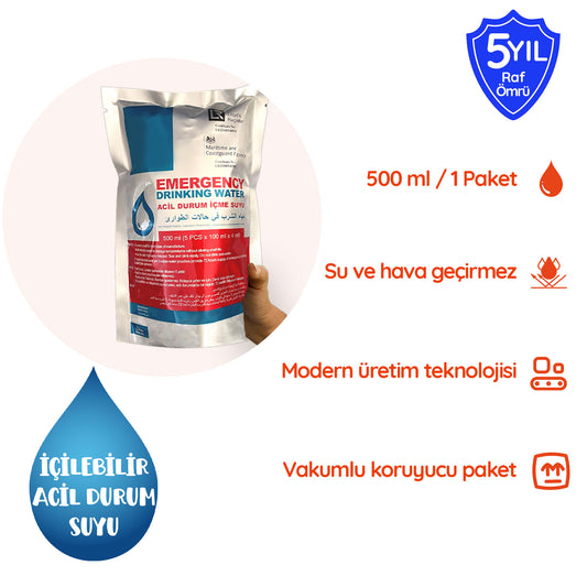 5 Yıl Raf Ömrü ile Acil Durum Suyu Hayat Kurtaran  (20 Paket x 500 ml.)