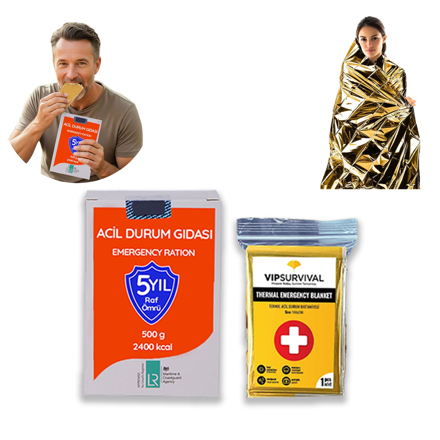 Acil Durum Seti | Termal Battaniye( ÇİFT TARAFLI )  ve Acil Durum Gıda | Deprem, Afet, İlk Yardım, Survival Kit ve Kamp İçin Uygun Hayatta Kalma Seti