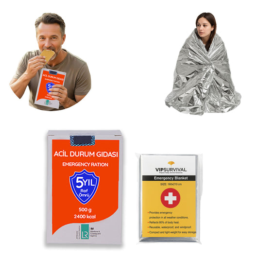 Acil Durum Seti | Termal Battaniye ( Tek Tarafllı) Ve Acil Durum Gıda | Deprem, Afet, İlk Yardım, Survival Kit ve Kamp İçin Uygun Hayatta Kalma Seti