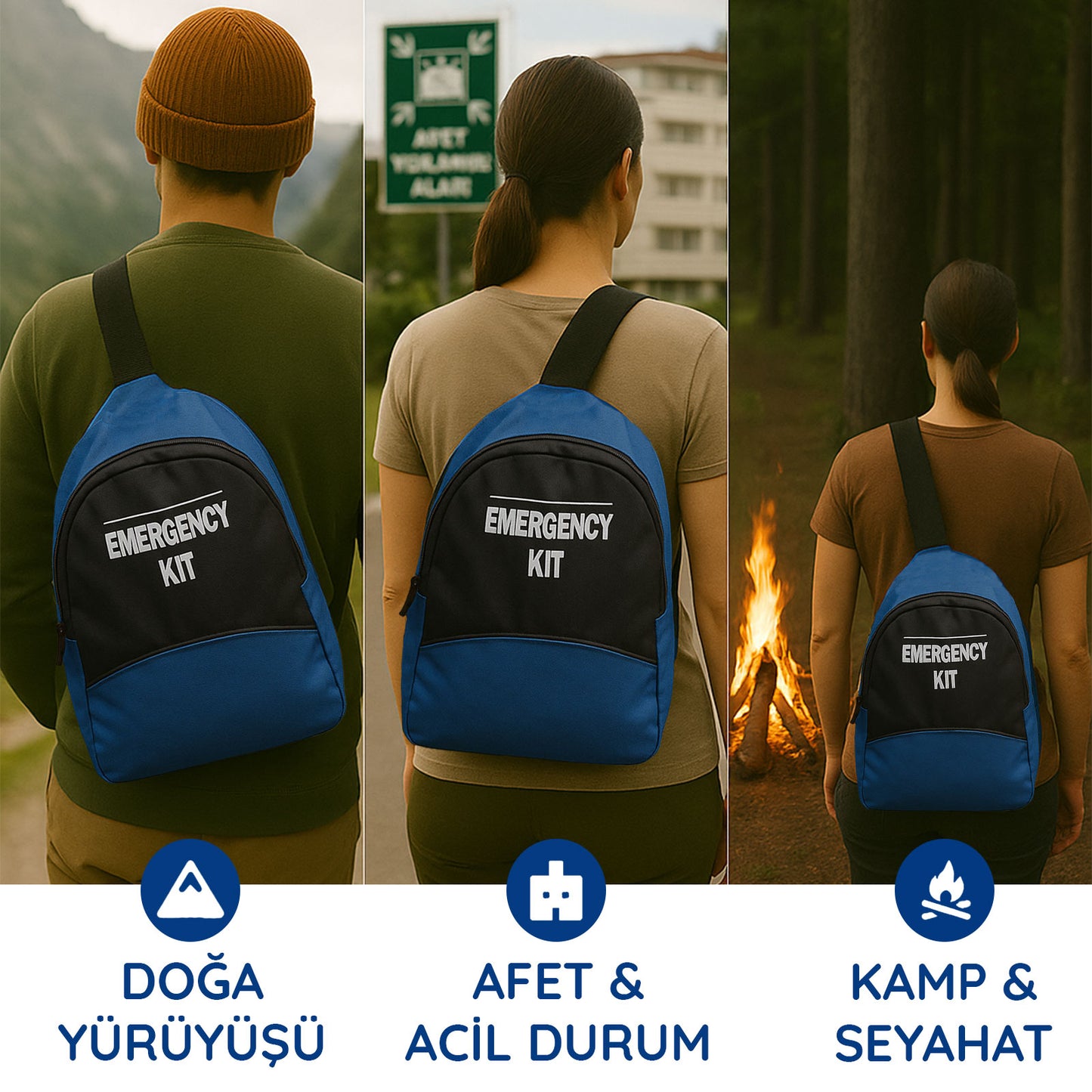 Afet Acil Durum Deprem Çantası, İlk Yardım Setli, Ev,Kamp,İş yeri Ve  Araç İçin Uygun İlk  Yardım Kiti (Mavi)